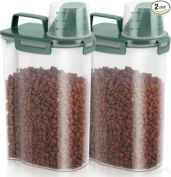 2 Pack 3 Lbs Pet Dog Cat Food Storage Containers for Travel - Pine Green | Airtight Bird Seed Storage Container, 5 Lbs Rice Dispenser Flour Holder for Cereal Oatmeal Pour Spout Measuring Cup Handle