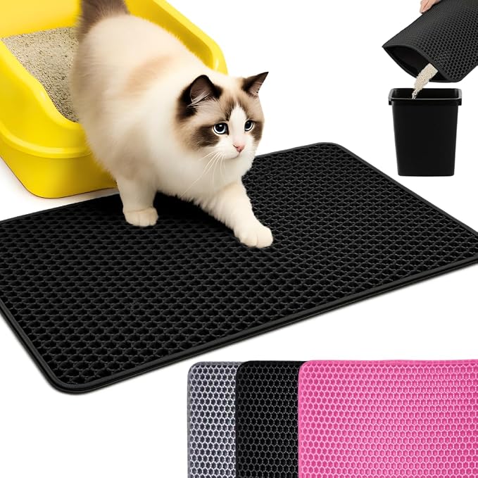 Andalus Brands Large Cat Litter Mat - Waterproof & Urine-Proof Litter Box Mat, Non-Slip Kitty Litter Mats for Floor, Easy to Clean Litter Trapping Design (30" x 24", Black)