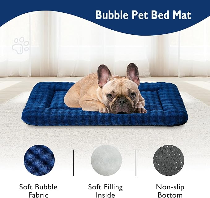 Dog Bed Mat Crate Pad for Medium Dogs, Navy Blue, 30"x 19" | Washable Soft Pet Sleeping Mat, Anti-Slip Kennel Pad with 3D Bubble Pattern