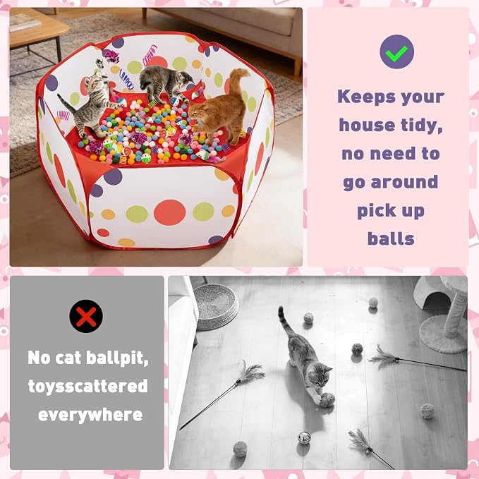 Cat Ball Pit with Balls for Cats, 176 Pcs Interactive Cat Toys for Bored Indoor Cats Self Play Cat Enrichment Toys for Fun and Exercise, Pom Pom Balls Jingle and Crinkle Ball, Springs and Mice toy