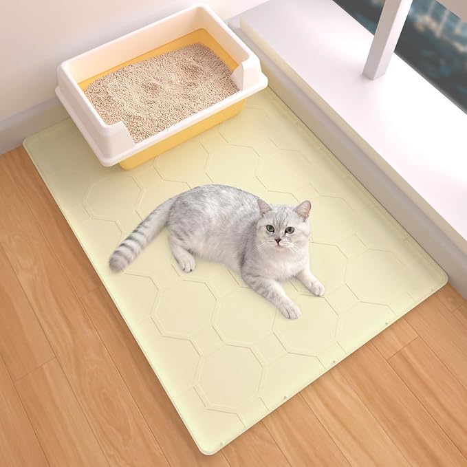Silicone Cat Litter Mat for Litter Box-28" X 22" Litter Mat for Cat, Waterproof & Leak-Proof Trapping Design, Non-Slip Durable Easy to clean (Beige)