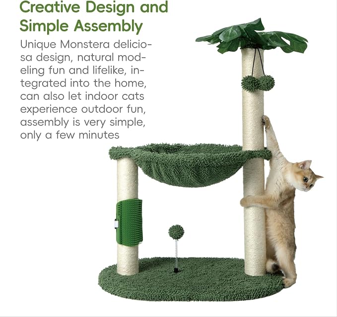 MECOOL Cat Tree Tower 32" Tall Scratching Post with Large Hammcok for Indoor Cats,Self-Massage Bursh Hanging Ball Toys,Monstera Deliciosa Green