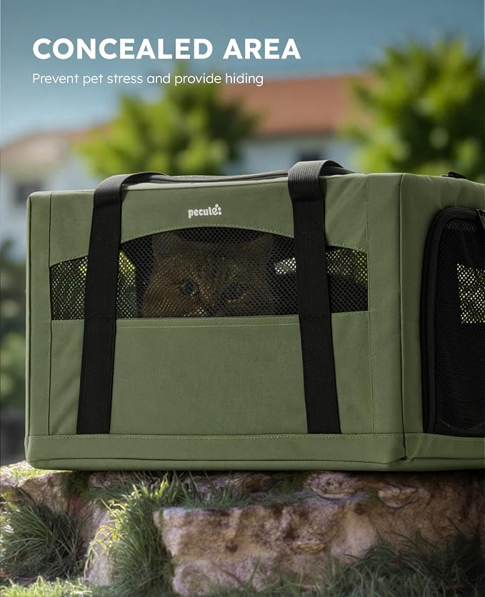Pecute Cat Carrier Stable, Pet Carrier with Hidden Anxiety Relief Partition & Stable Steel Frame, Safe Cat Carrier for Car Travel, Soft-Sided Dog/Cat Carrier Bag for Pets Up to 11lbs, Green