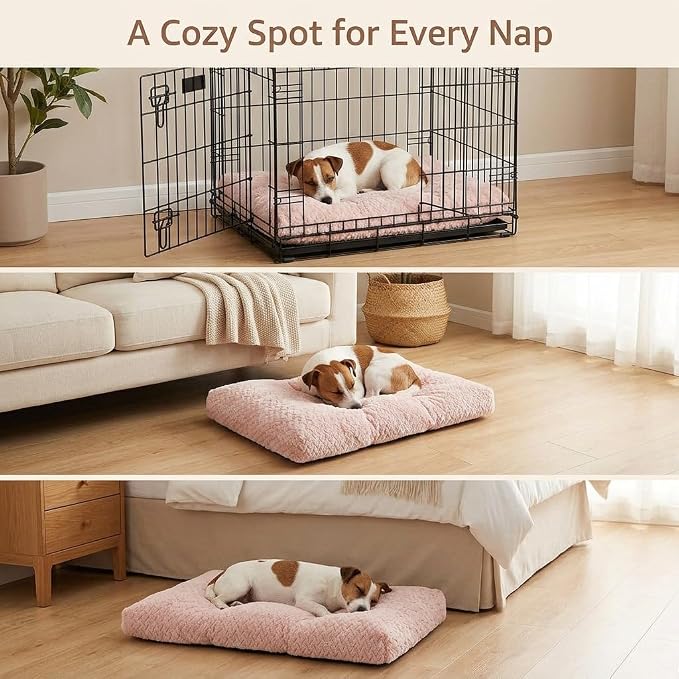 24 Inch Dog Crate Bed for Small Dogs, Washable Dog Crate Pad for Dog Cages, Soft Jacquard Flannel Kennel Mat with Anti-Slip Bottom, Fluffy Crate Mat for Puppies and Small Dogs,Pink