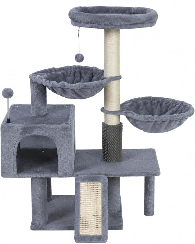 Smouatou Cat Tree with Cat Condo and Two Hammocks, Cat Tower with Scratching Posts and Scratching Pads Cat Toys, Grey