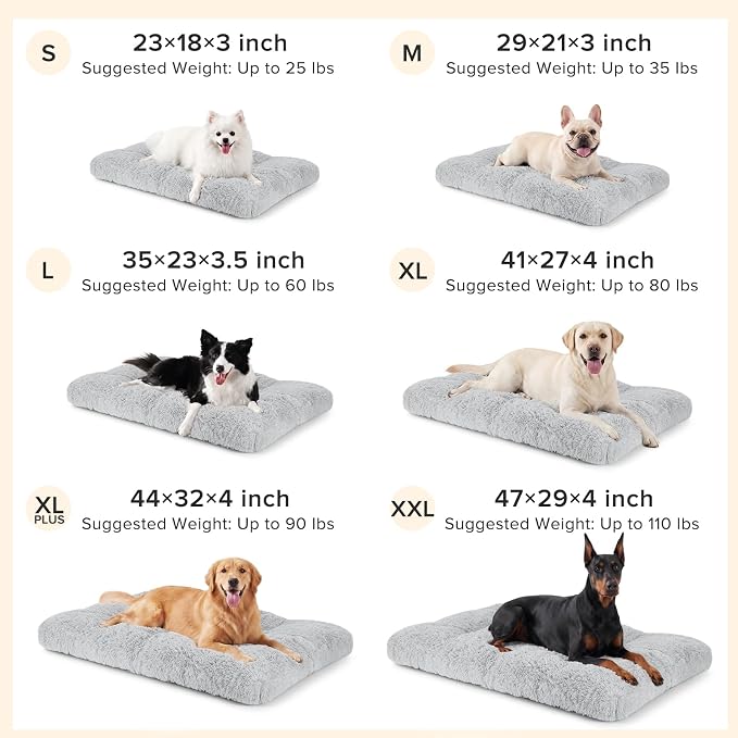 JOEJOY Dog Bed Crate Pad, Deluxe Plush Washable Dog Beds Fulffy Soft Kennel Pad Anti-Slip Pet Sleeping Mat for Small Dogs, 23" x 18", Grey