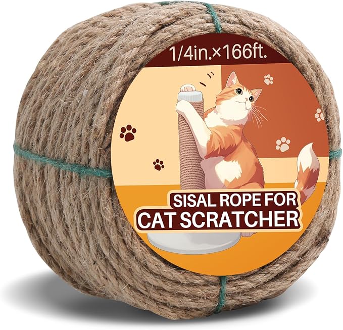 Sisal Rope for Cat Scratcher 1/4" 166 Ft Cat Tree Rope Twine for Repairing Cat Scratching Post Replacement DIY Hemp Rope for Carpet Mat Kicker House, Pet Toy, and Crafts Gardening Home Decorating