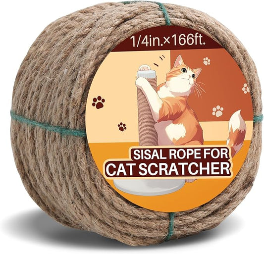 Sisal Rope for Cat Scratcher 1/4" 166 Ft Cat Tree Rope Twine for Repairing Cat Scratching Post Replacement DIY Hemp Rope for Carpet Mat Kicker House, Pet Toy, and Crafts Gardening Home Decorating