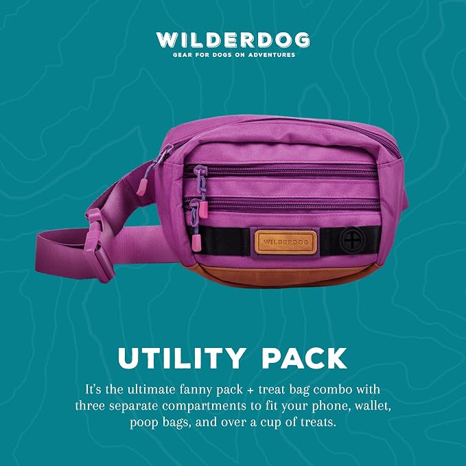 Wilderdog Utility Fanny Pack stores Treats, Balls, Keys in 3 Pockets with adjustable strap and Poop Bag dispenser (Lilac)