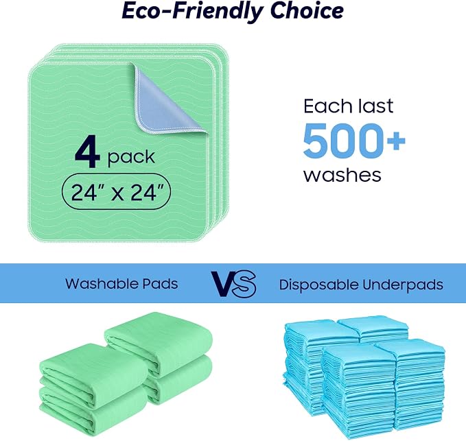 4 Pack 24” x 24” Extra Heavy Absorbency Washable Underpads Bed Pads | WaterProof Nursing Pads Incontinence, Reusable Washable Pee Pads for Dogs, Diaper Changing & Adults, Washable Puppy Pads