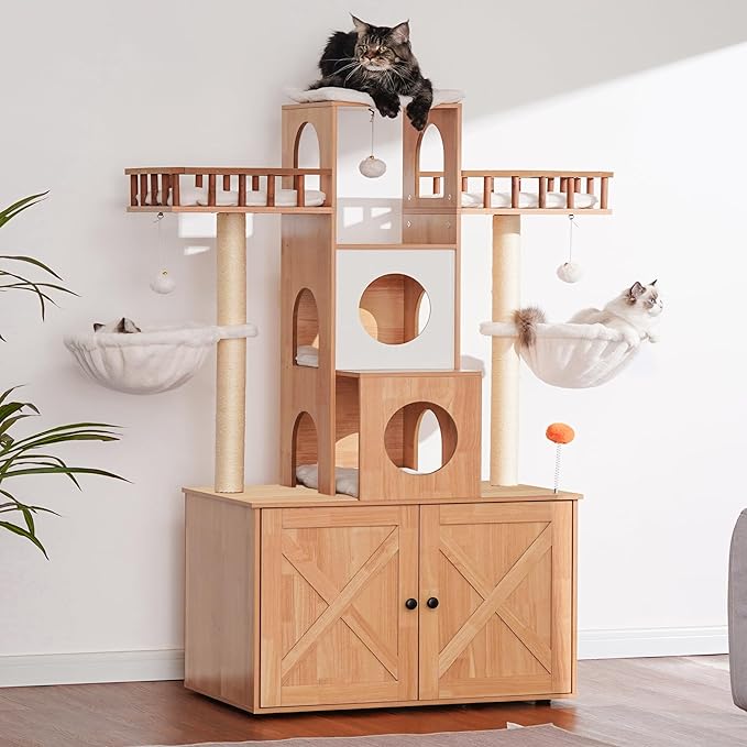 Heybly Cat Tree with Litter Box Enclosure for Indoor Big Cat HCT110WB | Cat Tower for Large Cats 20 lbs Heavy Duty, Modern Cat Condo Furniture with Scratching Posts, Walnut