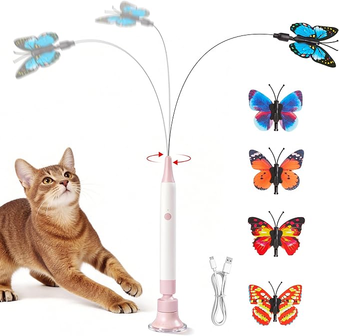 Potaroma Interactive Spinning Butterfly Cat Toy Wand – Rechargebale Electric Touch Activated Cat Teaser with Suction Cup Self-Play & Handheld Mode for Indoor Kittens, Durable Automatic Play Toy