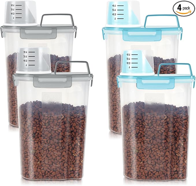 LEAWALK 3-5Lbs Airtight Small Cat Dog Pet Food Storage Containers BPA Free, with Large Pour Spout/1 Measuring Cup/ 4 Safety Locks and Double-layer Silicone Strip (Clear Grey &Clear Blue 4Pack)