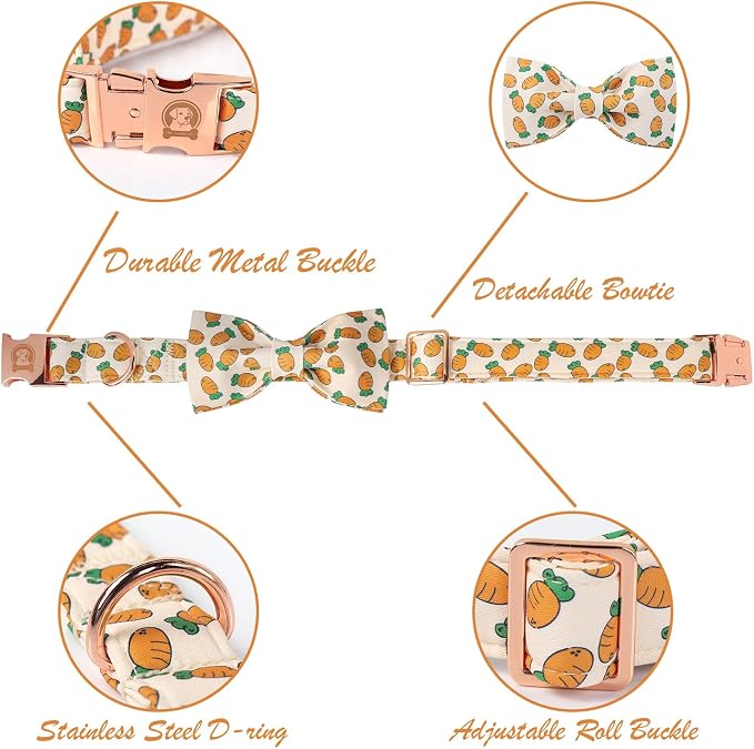 ·MR. CHUBBYFACE· Easter Dog Collar with Bowtie, Cute Carrot Easter Dog Collar with Metal Buckle,Adjustable Soft Pet Collar for Small Medium Large Dogs