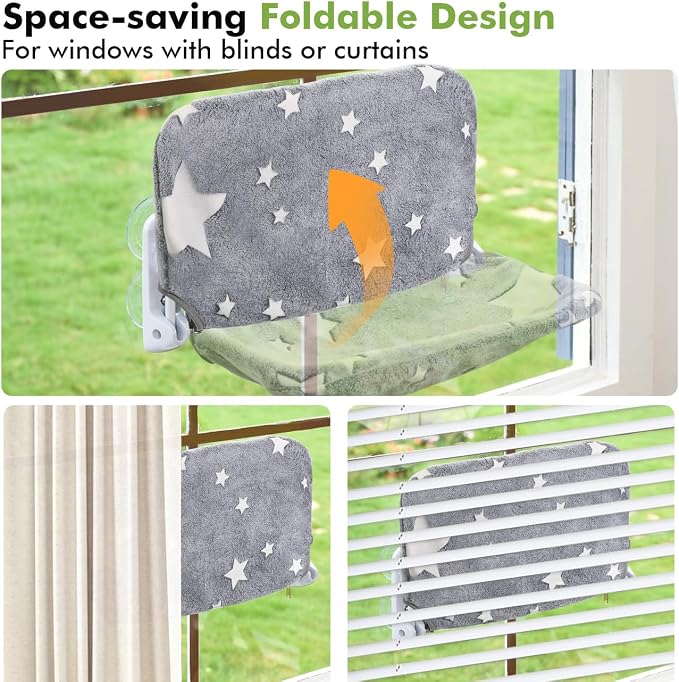 Zoratoo Glow in the Dark Cat Window Perch, Foldable Cordless Pet Hammock, M | Glowing Stars Fabric, Sturdy Metal Frame, Removable for Machine Wash, Comfortable Sunken Design Resting Seat for Indoor Cats