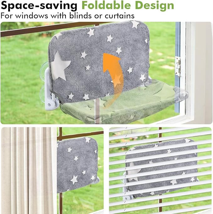 Zoratoo 2PC Glowing Star Cat Window Perch, Foldable Cordless Pet Hammock, M | Glow in the Dark Fabric, Sturdy Metal Frame, Removable for Machine Wash,Comfortable Sunken Design Resting Seat for Indoor Cat