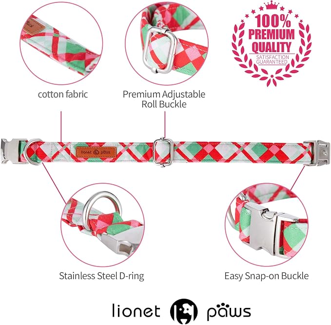 Lionet Paws Christmas Dog Collar with Bowtie Durable Adjustable Handmade Comfortable Bow Tie Dog Collar Cat Collar with Metal Buckle for XL Dogs,Party,Festival,Holiday Style,Neck 16-26in