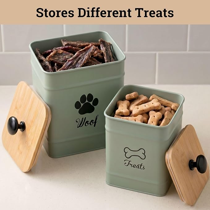 Dog Treat Container Set of 2 with Airtight Bamboo Lids - 8x6 & 7x5 inch | Fits All Popular Treats, Up to 20 Cups Combined Capacity, Airtight Bamboo Lid, Easy Open Lid, Dent-Resistant Durable Metal