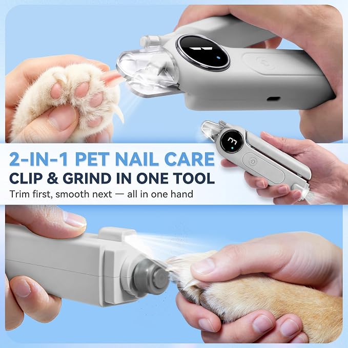 2-in-1 Quiet Electric Pet Nail Clipper & Grinder with Light for Dogs Cats (Gray) | Dual LED Lights,3-Speed Grinder,Nail Clipping Splash Guard,Type-C Rechargeable,Quiet Design for Anxious Dogs & Cats