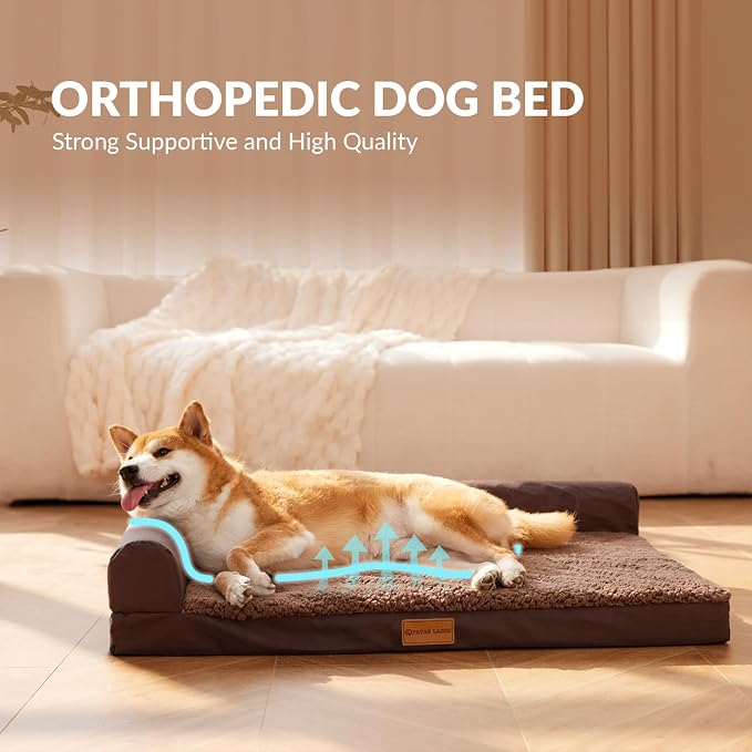 Patas Lague Orthopedic Large Dog Bed Washable Pet Sofa Bed 42''X28''Brown | 2-Sided Bolster Egg-Crate Foam Dog Couch Large Sized Dogs, Waterproof Removable Washable Cover, Nonskid Bottom Pet Crate Mat