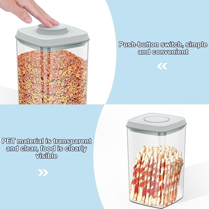 LEAWALK 4.2Qt 2Pack Airtight Dog Cat Food Storage Container and Dog Treat Containers BPA-Free, PET Clear Stackable Pet Storage Bin, 1 Cup Scoop, 1 Sponge cleaning brush, Pop Top, With handle (Grey)