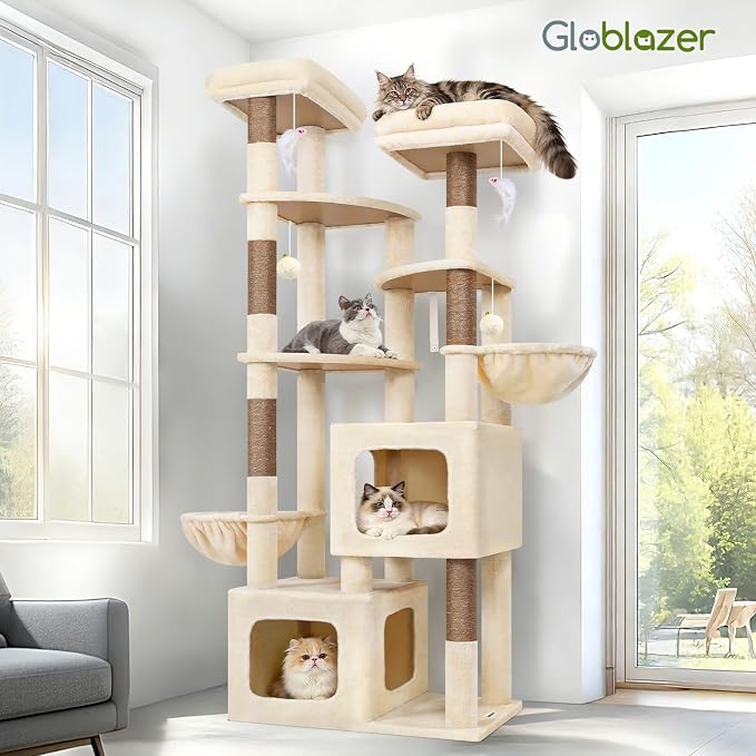 Globlazer S74E Pro Heavy Duty Maine Coon Cat Tree for Large Cats, Beige | 74in Sturdy Multi-Level Tall Cat Tree Tower for Indoor Adult Cats with Scratching Posts, 2 Cat Condos, 2 Top Perches