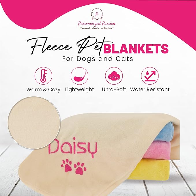 Personalized Passion Dog Blanket with Embroidered Name and Paws - Soft, Comfortable and Cozy for Couch, Bed, Car - Water Resistant Pet Fleece Blanket for Dogs and Cats - Cream - 28x40 Inches