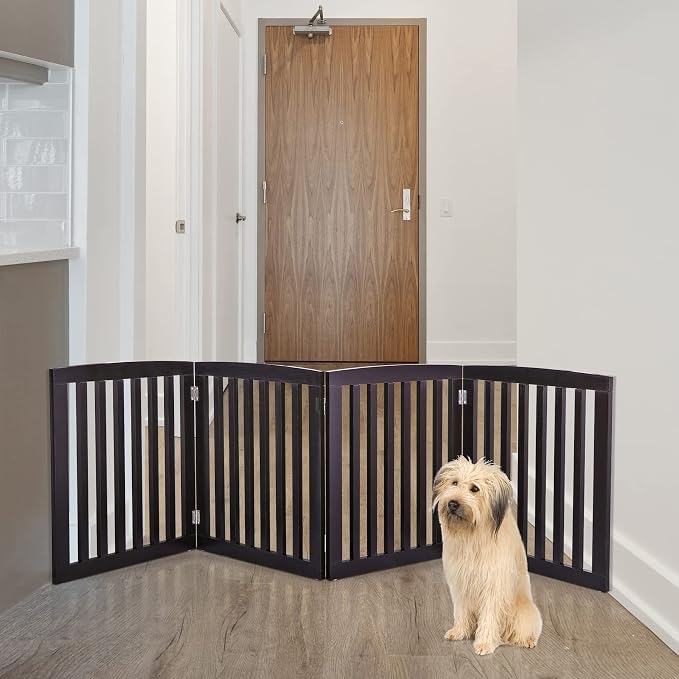 Extra Wide Dog Gate 24 Inch High Freestanding Indoor Pet Door for House Doorways Stairs Halls, Foldable Wood Outdoor Safety Fence 4 Panels, Coffee