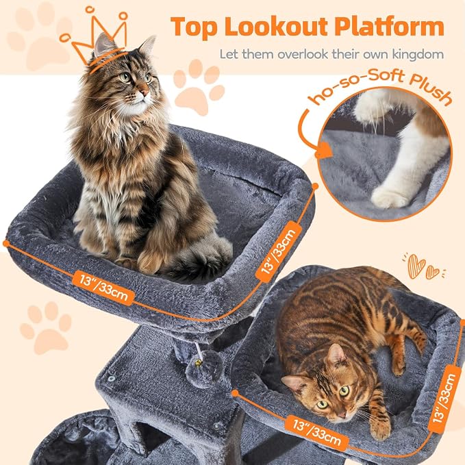 Taoqimiao Large Cat Tree, 73 in Tall Cat Tower with 2 Plush Big Cat Condos | 9 Scratching Posts, 2 Top Perches, Cozy Hammock & Basket, Indoor Cats, 2 Pompoms & Mouse Toy, Smoky Gray, MS013XLG