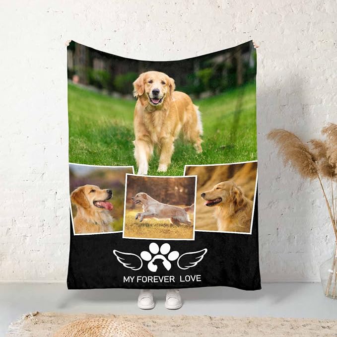 InterestPrint Custom Memorial Blanket for Dog, My Forever Love Angle Wings Blanket Customized Loss of Pet Dog Photo Fleece Throw Blankets Warm Bereavement Gift for Dog Mom 60X80 Inch