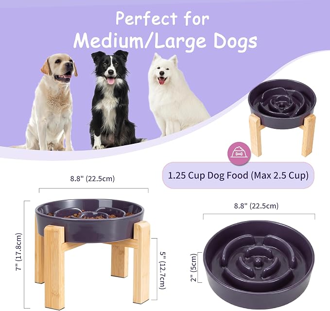 Elevated Slow Feeder Dog Bowl Large Breed, 8.8 Inch Ceramic Slow Eating Bowl with Bamboo Stand, Anti-Choking Raised Maze Design for Medium to Large Dogs, 3.2 Cup, Purple