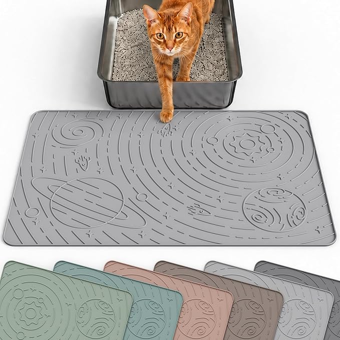 OHMO Cat Litter Mat Medium 23.6x15.7in, Light Grey Silicone Rubber Scatter Control Kitty Litter Box Trapping Mat, Waterproof Easy to Clean, Odorless Pet Supplies, Indoor Cat Essentials