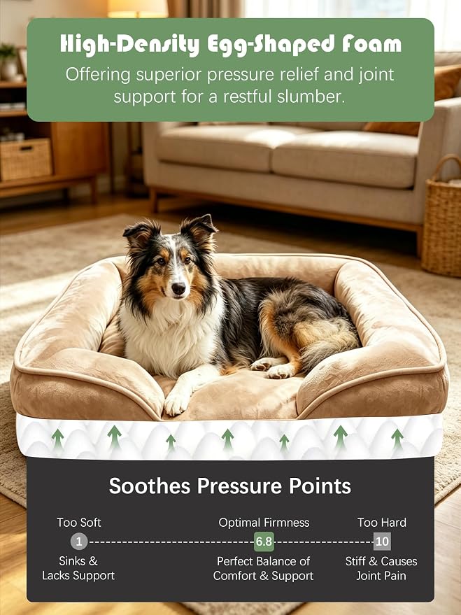 Spotted Play Orthopedic Dog Bed with Sides - Sofa Beds for Large Dogs, Supportive Foam Pet Couch Bed with Washable Removable Cover, Waterproof Lining and Non-Slip Bottom, Brown - L-Plus