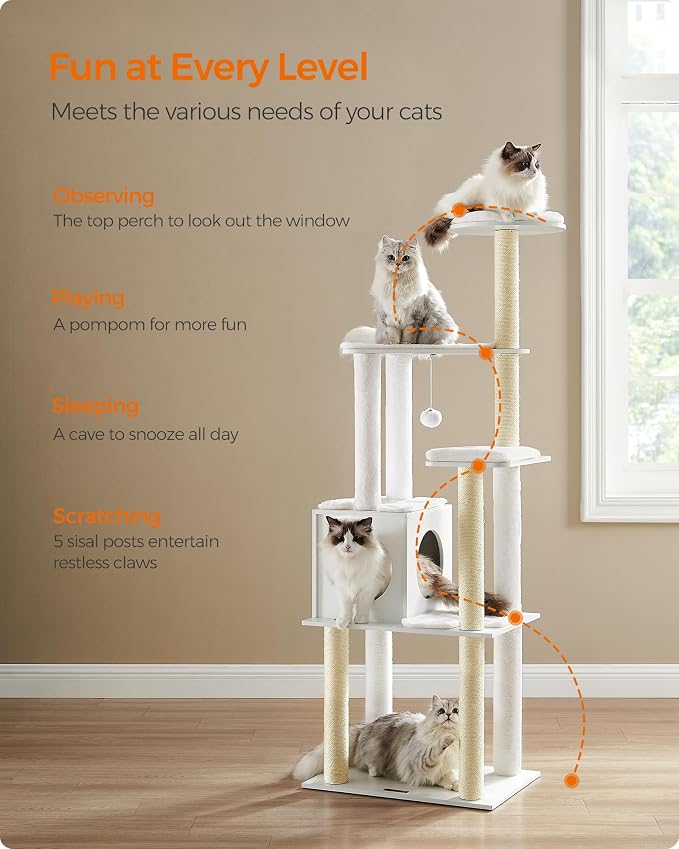 Feandrea Cat Tree, 65-Inch Multi-Level Tower with 5 Scratching Posts | Modern Cat Condo for Indoor Cats, Perch, Washable Removable Cushions, Cloud White, CAEN Collection UPCT166W01