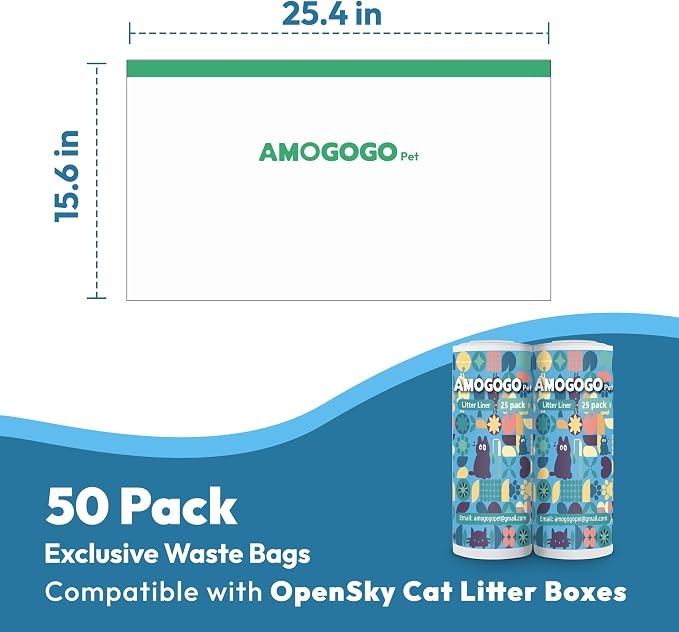 50 Pack Litter Box Liners, Compatible with PetSafe ScoopFree OpenSky Automatic Litter Box, Large Capacity Waste Bin Liners, Heavy Duty, Thick Drawstring Refill Bags, 25.39" x 12.6"