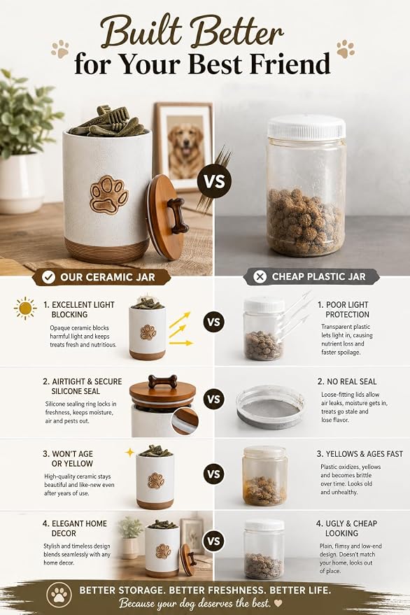 Miamolo Dog Treat Container, Airtight Dog Food Storage Container with Lid and Handle, Ceramic Pet Food Storage Jar for Kitchen Counter Farmhouse Dog Biscuit Jar, Dog Lovers Gift, Paw Glinting White