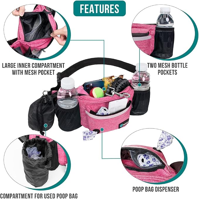 PetAmi Dog Fanny Pack, Treat Pouch for Dog Walking Training, Pink | Built in Poop Bag Dispenser, Water Bottle Holder, Collapsible Bowl, Pet Treat Waist Belt for Hiking Running Kibbles