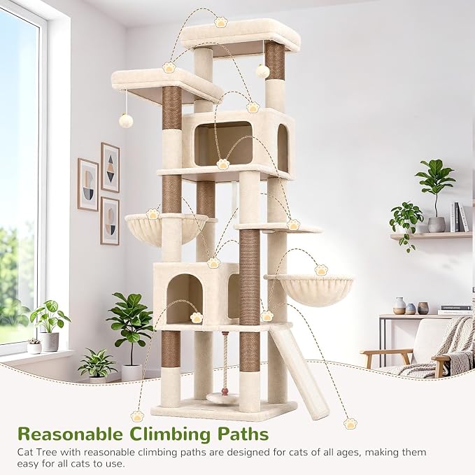 Globlazer 75in Tall Cat Tree Tower for Indoor Cats, F75B, Light Grey | Large Cat Tree for Indoor Cats Large Adult, Multi-Level Cat Tower with 7 Scratching Posts, 2 Cat Condos, 2 Top Perches