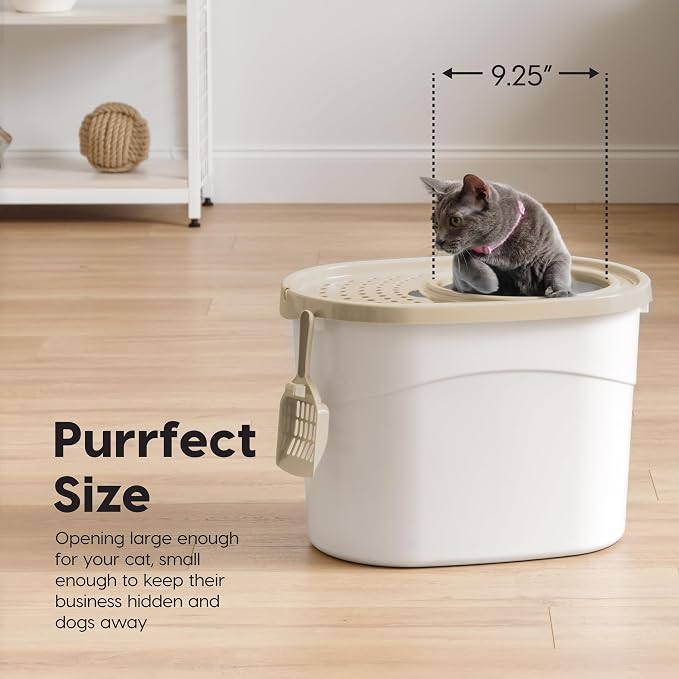 IRIS USA Large Top Entry Cat Litter Box with Lid, Enclosed Covered Cat Litter Box for Indoor Cats, Dog Proof Design, Odor Control, Litter Tracking Reduction, Scoop Included, White/Beige