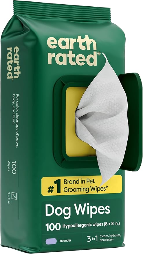 Earth Rated Dog Wipes for Paws & Butt, Deodorizing, Lavender, 100ct | Hypoallergenic, 3-in-1 Cleaning and Hydrating, for Grooming Paws, Body and Butt