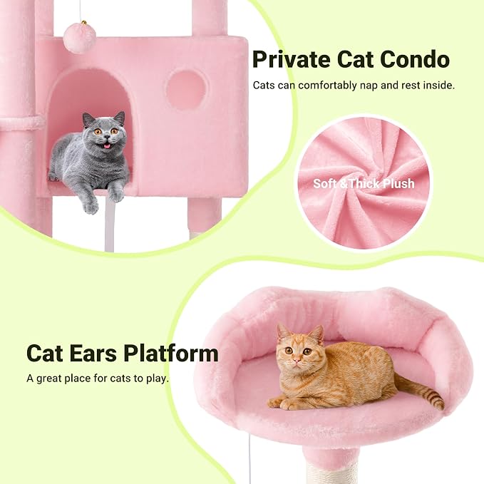 Allewie 64 Inches Multi-Level Cat Tree Tower for Indoor Cats Pink | Activity Center for Big Felines/2 Plush Condos/2 Perchs/Basket/House/Sisal Scratching Posts/Hanging Cat Toys
