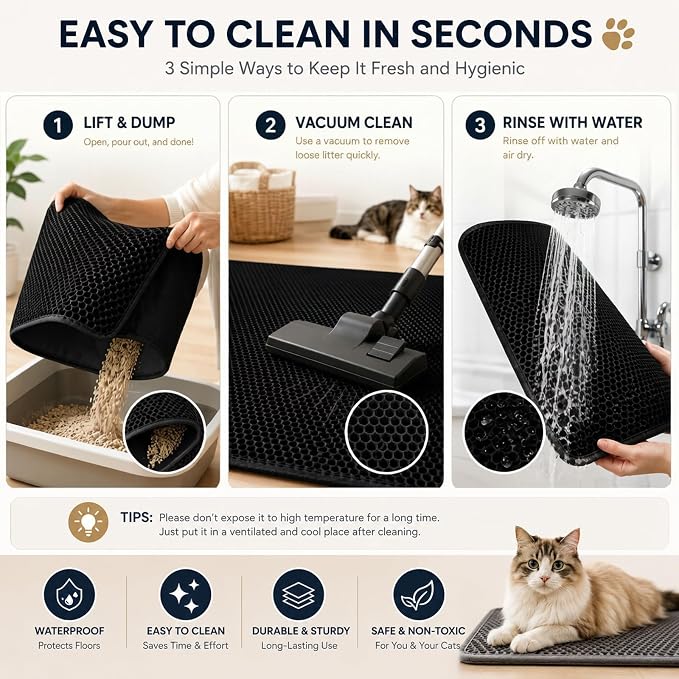 Cat Litter Box Mat,Double-Layer Honeycomb Litter Trap 30"x22" Blakc | Catches Scattered Particles to Stop Tracking,Waterproof Design Urineproof Base Protects Floors, Easy to Clean, Indoor Cats