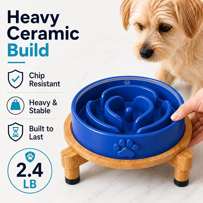 Slow Feeder Dog Bowls – Elevated Dog Bowl Slow Feeder with Bamboo Stand– Microwaveable Dog Slow Feeder for Small and Medium Dogs – Lead and BPA-Free Ceramic Pet Bowl – Pet Feeder for Fast Eaters