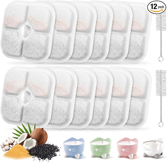 12-Pack Cat Water Fountain Filter Replacement Compatible with Catit Pixi – Triple Action Activated Carbon & Ion Exchange Resin, Soft Water System for Fresh & Clean Drinking