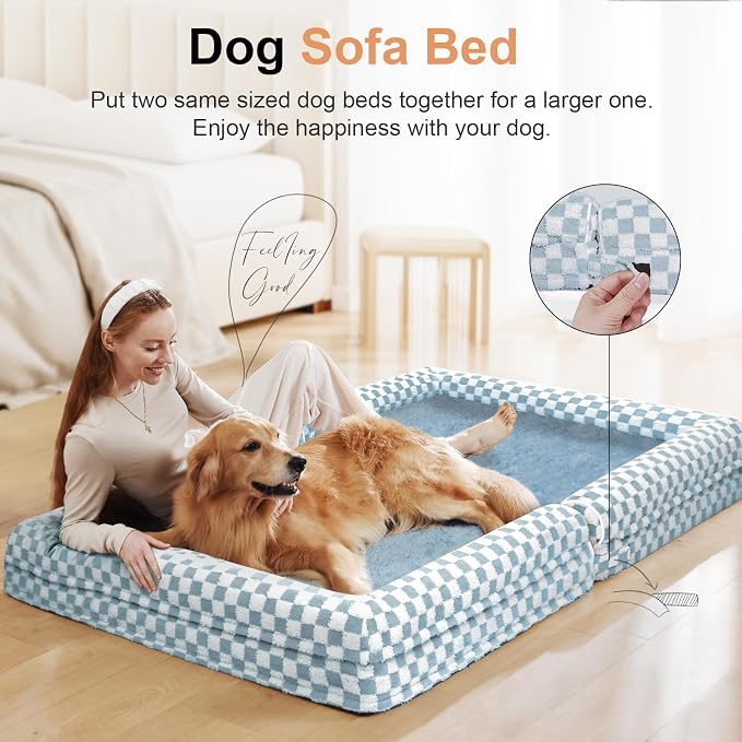 NANUYA Orthopedic Dog Bed for XX-Large Dogs, 44 x 34 Inch, Blue Grid | Egg crate foam for joint support, 3-sided bolster pet sofa, waterproof lining, washable cover, and non-skid base