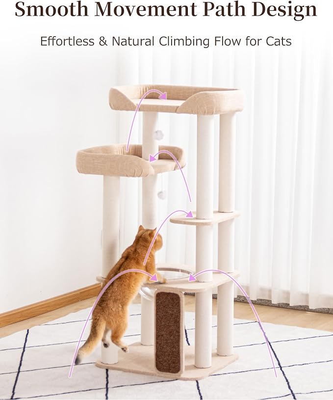 53'' Cat Tree for Large Cat, Modern Senior Friendly Cat Tower with Wide Shelves Low Step, Cotton Scratching Posts, Super Sturdy Base, Cozy Perches, and Interactive Toys (Ivory)