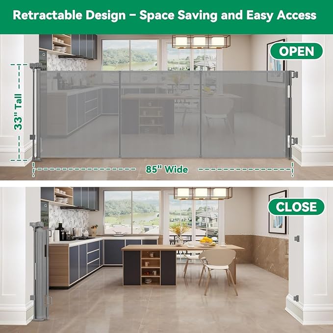 Reinforced 85" Wide Retractable Baby Gates Outdoor Retractable Dog Gate Indoor Mesh Baby Gate Retractable Pet Gate, Extra Wide Dog Gate with Support Rods – Prevent Crawling Under, Gray