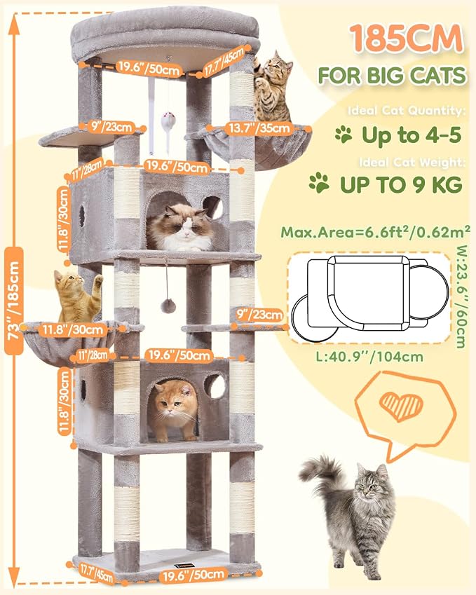 Taoqimiao Heavy Duty Cat Tree, 73In Sturdy Cat Tower for Large Cats 25lbs+ | 2 Widen Condos, Enlarged Sleeping Platform, 9 Scratching Posts, 2 Cozy Baskets, Cat Toys, Light Gray, F30W