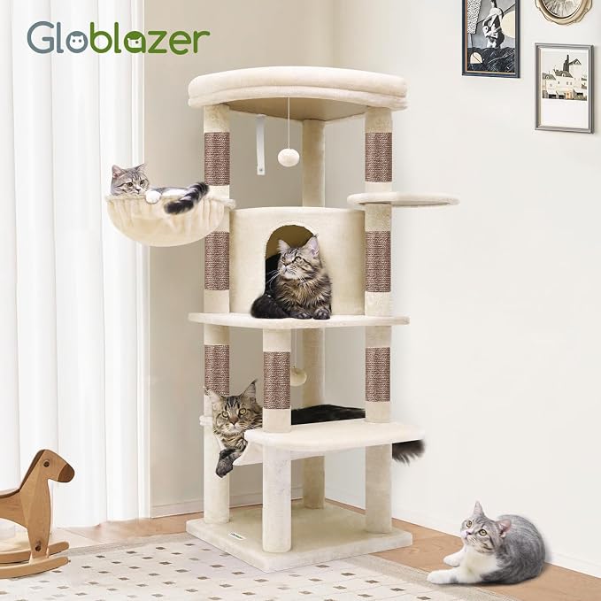 Globlazer Corner Stable Cat Tree Tower with Scratching Post, C51, Beige | 51in Space-Saving Multi-Level Cat Condo for Indoor Cats with Hammock, Large Top Perch for Large Cats, Cozy Cat Cave