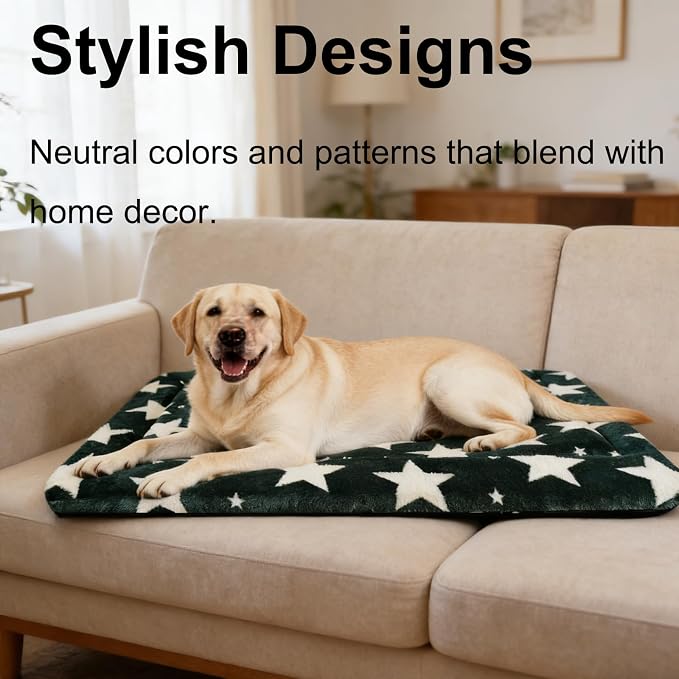 Dog Bed Mat, Reversible Crate Pad & Durable Dog Bed - Machine Washable Kennel Mat with Ultra Soft for Large Dogs (Big&Small Stars Green, 35" L*23" W*1.5" Th)